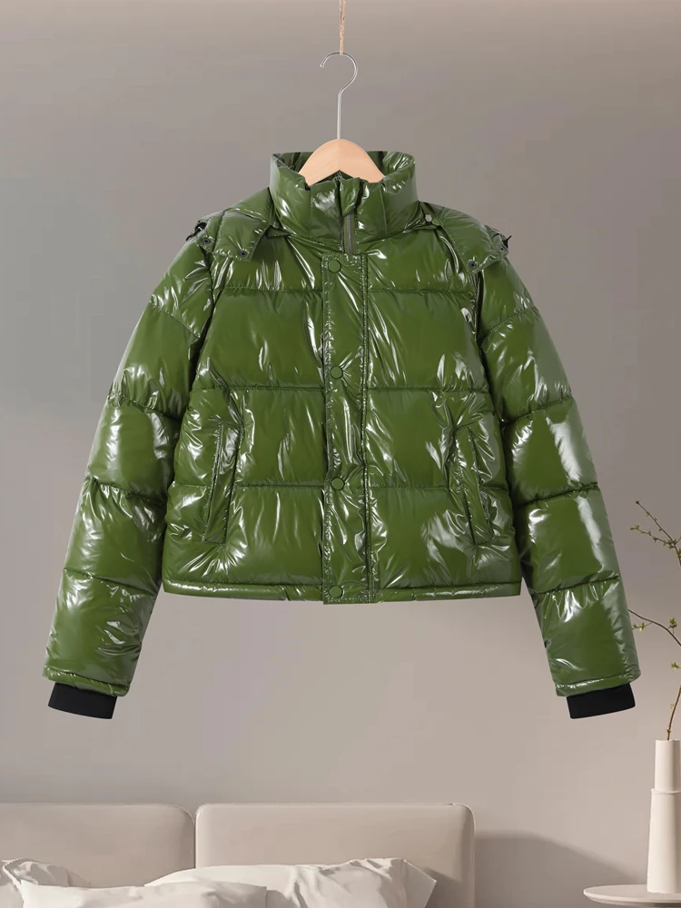 

Повседневная глянцевая женская пуховая куртка с капюшоном, на молнии, с карманами, длинными рукавами, хлопковое пальто, женская модная теплая верхняя одежда 2026 года