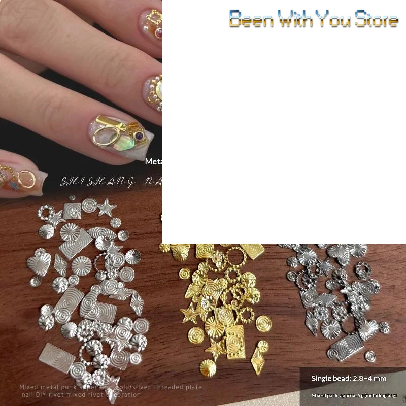 1 Bag Retro Metal Geometric Thread Rivet Nail Art Accessories Punk Style Circles Pentagram Heart Sequin Decoration Tools