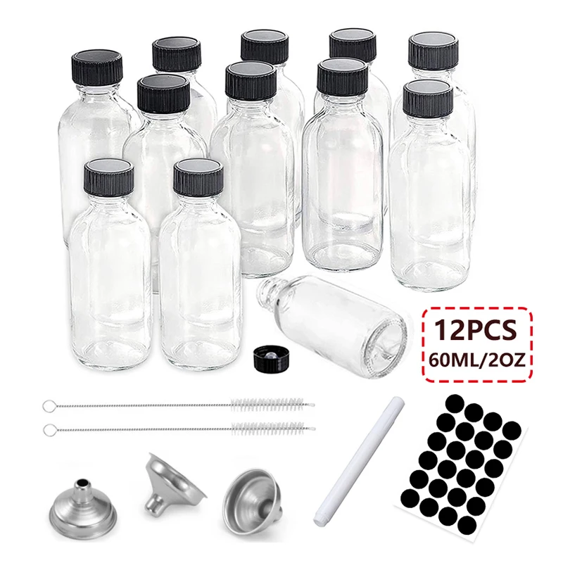 12PCS 60ml Small Glass Bottles With Airtight Lids Clear Sample Boston Bottle/Vials/Containers For Juice Ginger Shots Potion Oils