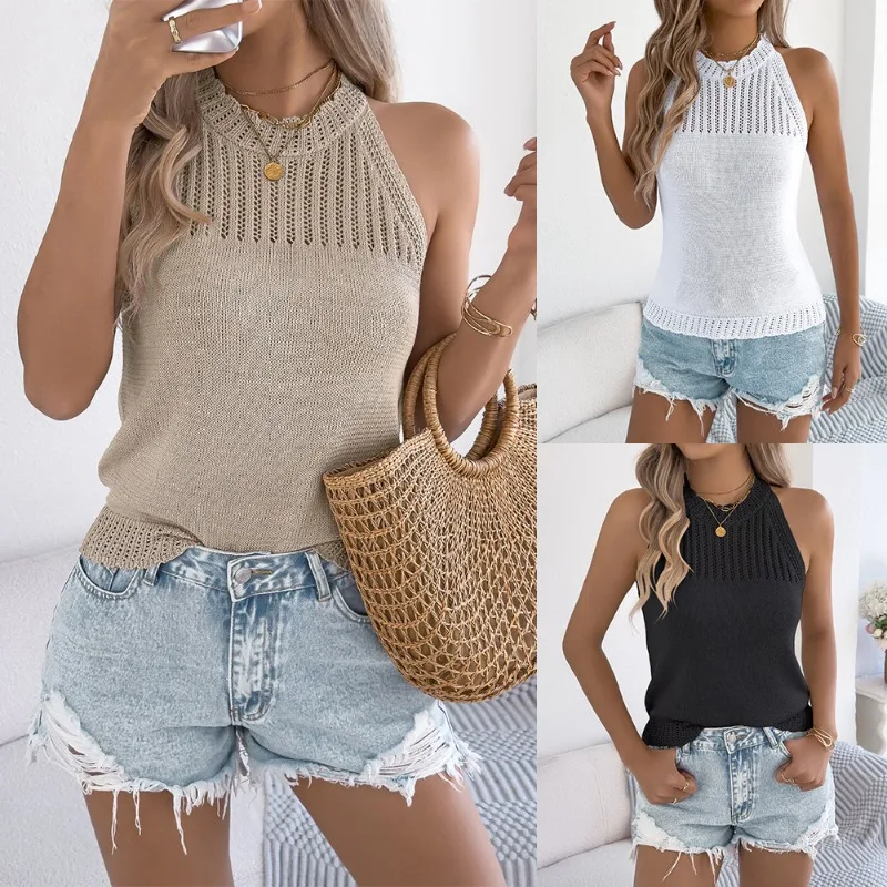

2026 Spring and Summer Casual Solid Color Hollow Sleeveless Knitted Sweater Vacation Top Women's Clothing
