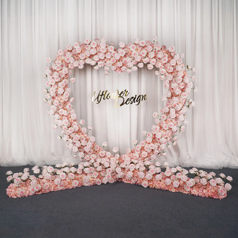 Uflower Luxury 5D Pink Floral Arrangement Heart-Shaped Frame Wedding Backdrop Decor Flower Row Party Arch Prop Stage Flower Wall