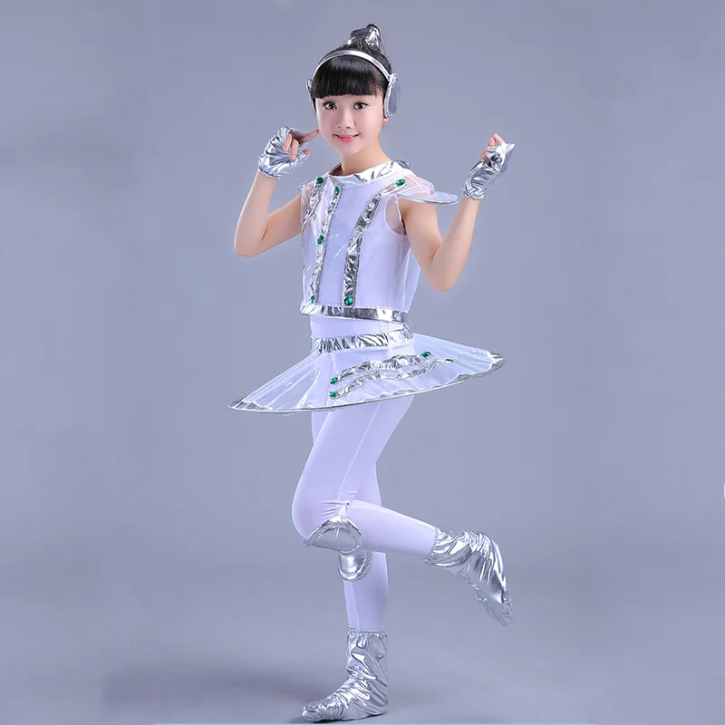 Kids Robot Costume White Silver Astronaut Performance Space Stage Dance Show Clothing Unisex Dance Clothes Boy Or Girl