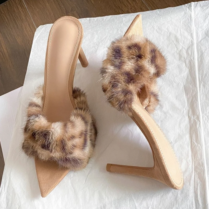 

Autumn Sexy Leopard Fluffy Slippers Women Fashion Pointed Open Toe High Heels Mules Shoes Casual Comfortable Stiletto Sandals