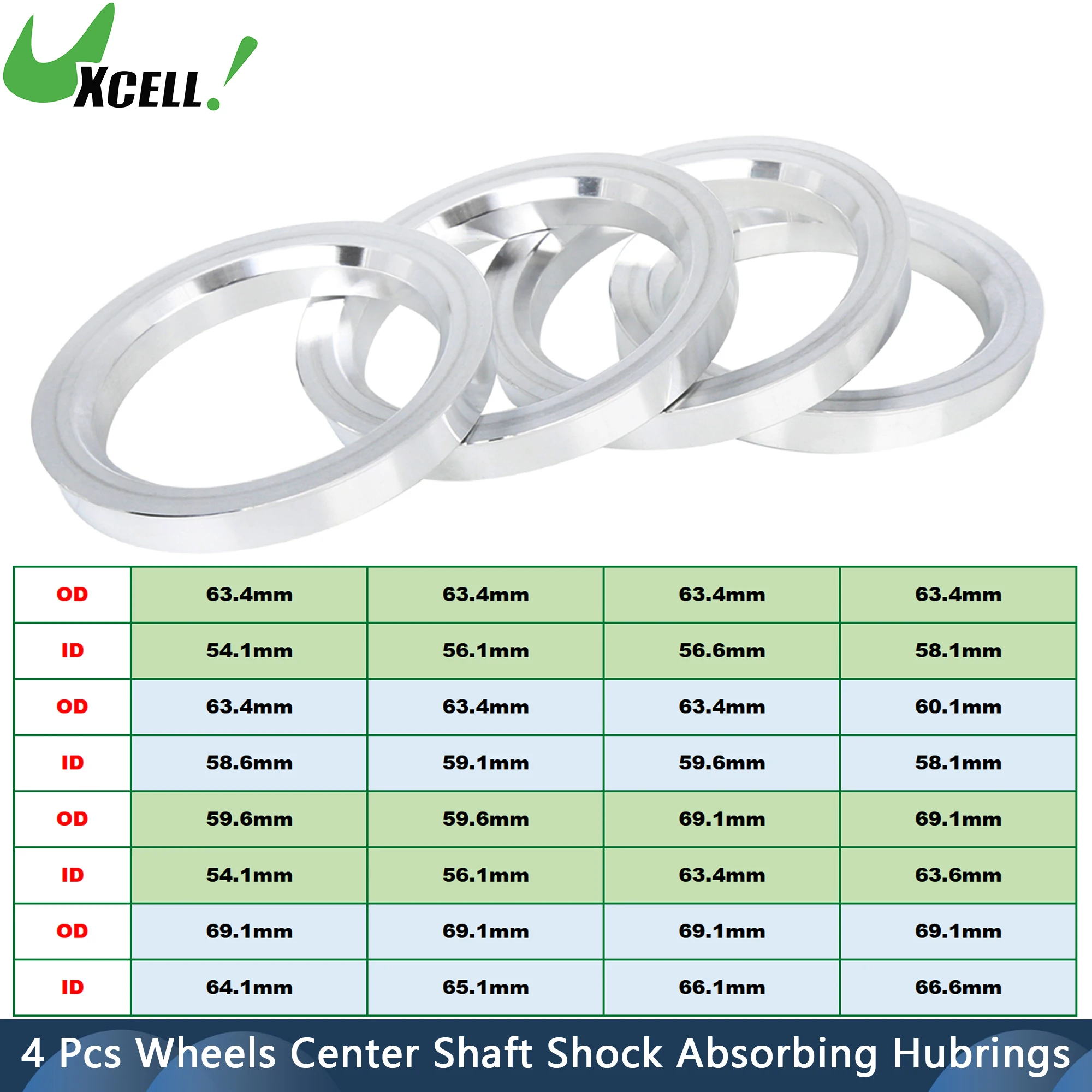 UXCELL 4pcs Car Wheel Hub Centric Ring OD 63.4mm 69.1mm to ID 54.1/56.1/56.6/58.1/58.6mm Wheels Center Shaft Shock Hubrings