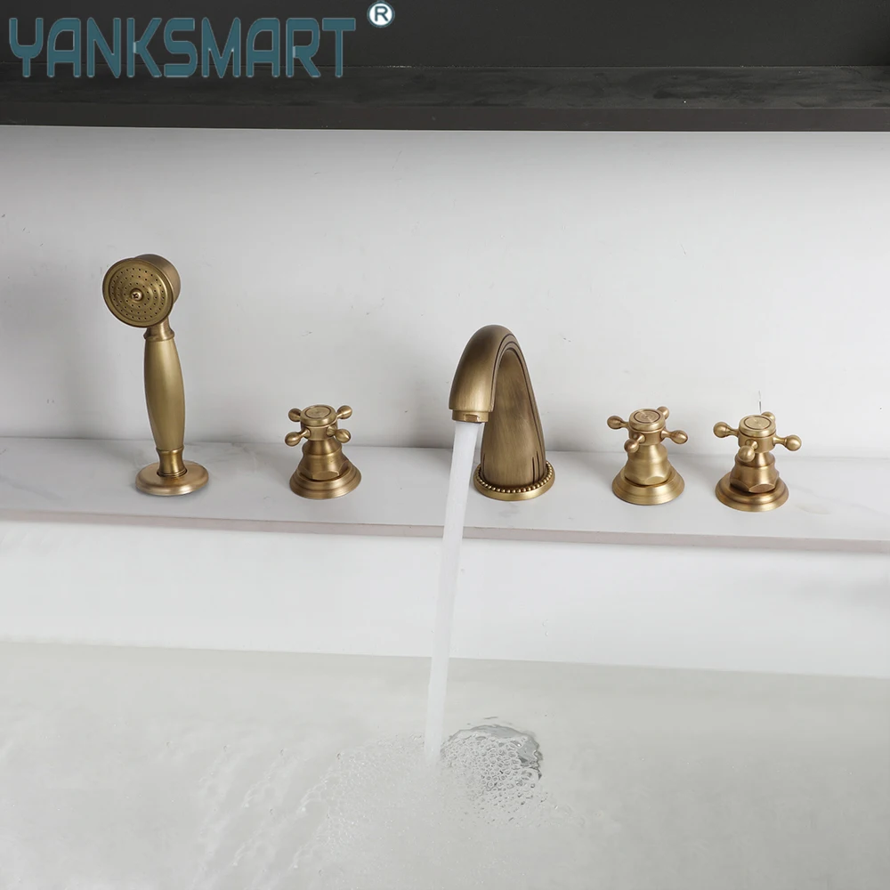 

Torayvino Antique Brass Bathtub Faucet Bathroom Shower Deck Mounted 3 Handles Tap Waterfall Faucet Mixer Water Tap Combo Kit