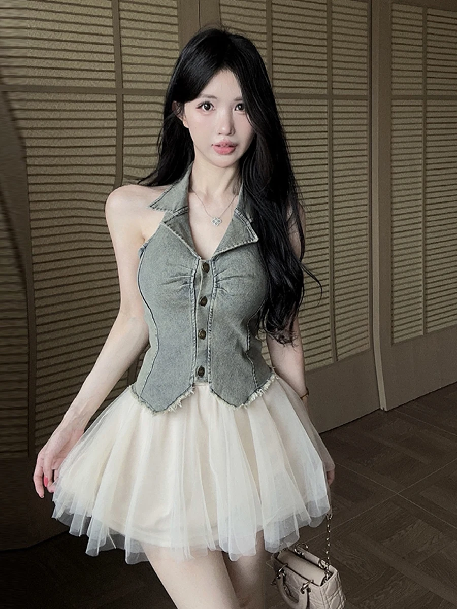 

Fashionable Denim Halter Neck Short Skirt Set Pure Desire Style A-Line Dress Sexy Style Summer Collection Women's Set