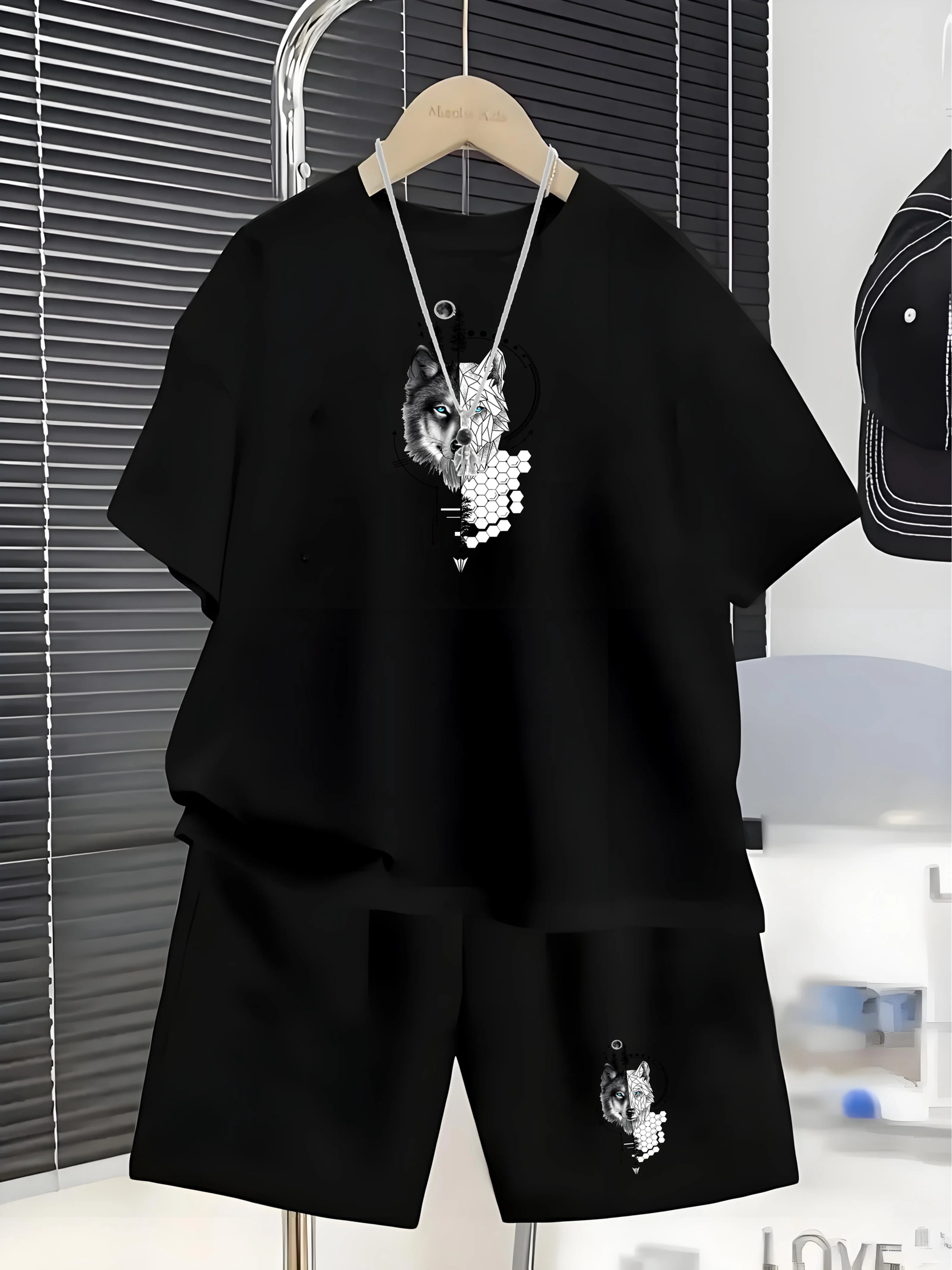 Boy's Summer Casual Set - Two-piece Children's Wolf-head Printed Short-sleeved T-shirt + Black Shorts Mid-sports Set