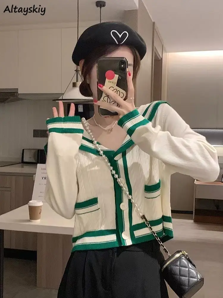 

Preppy Style Sailor Collar Cardigans Women Panelled Cropped Pockets Schoolgirls Simple Autumn New Design Young Knitted All-match