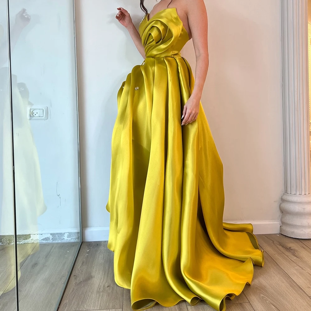 Temperament Front Slit Pleats Crystal Strapless Evening Dresses High Quality A-Line Satin Party Gowns فساتين سهره نسائيه فخمة