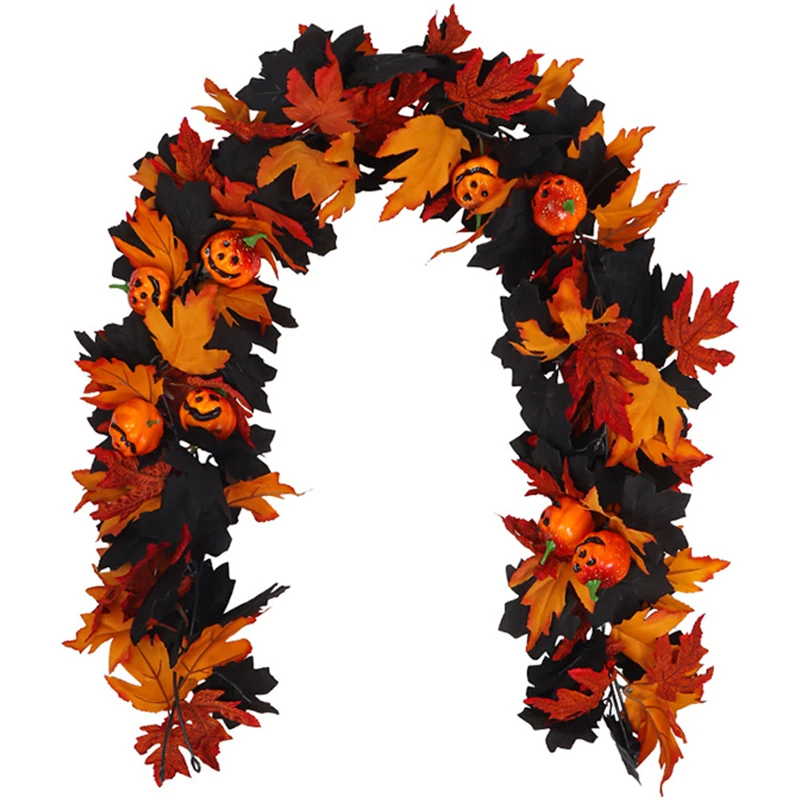 Vines artificiales de Halloween, hojas de arce rojas y negras de otoño, guirnalda falsa para el hogar, Navidad, fiesta de Acción de Gracias, chimenea, decoración de otoño