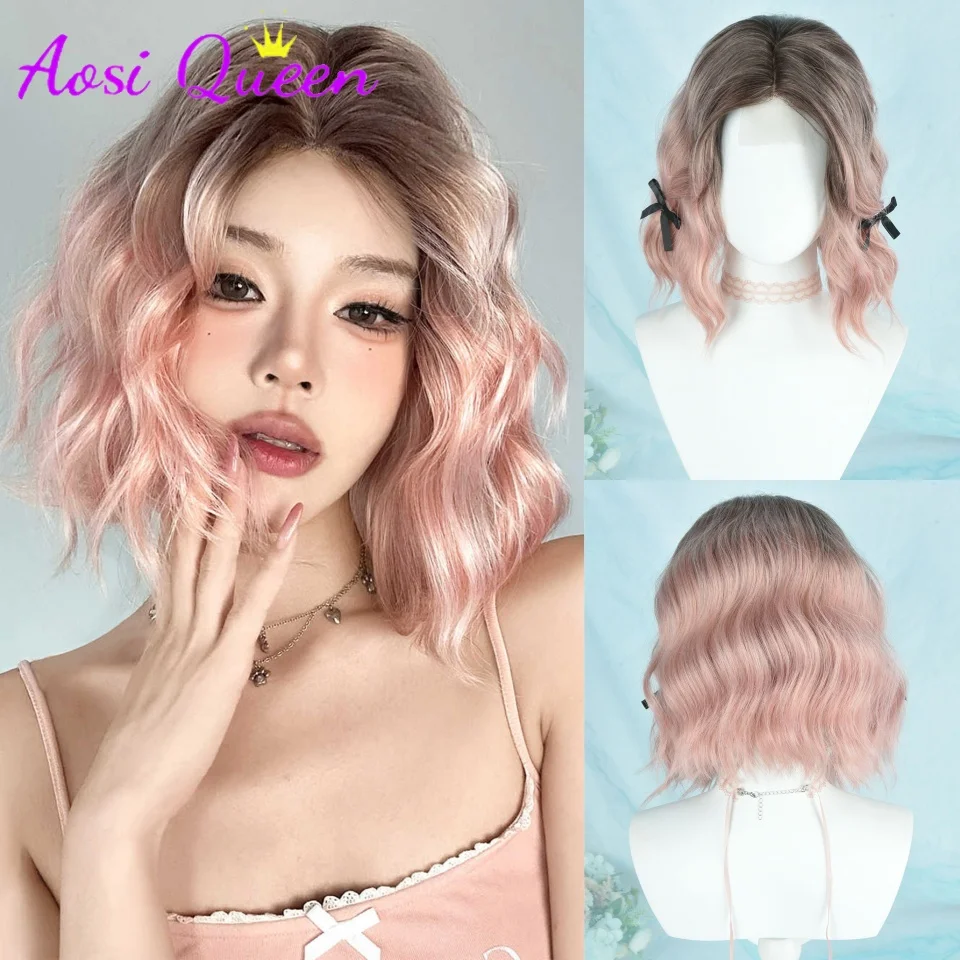 

Gradient Cherry Blossom Pink Synthetic Synthetic Small Lace Wigs Short Natural Wave Hair Wig For Women Party Daily Heat Resistan
