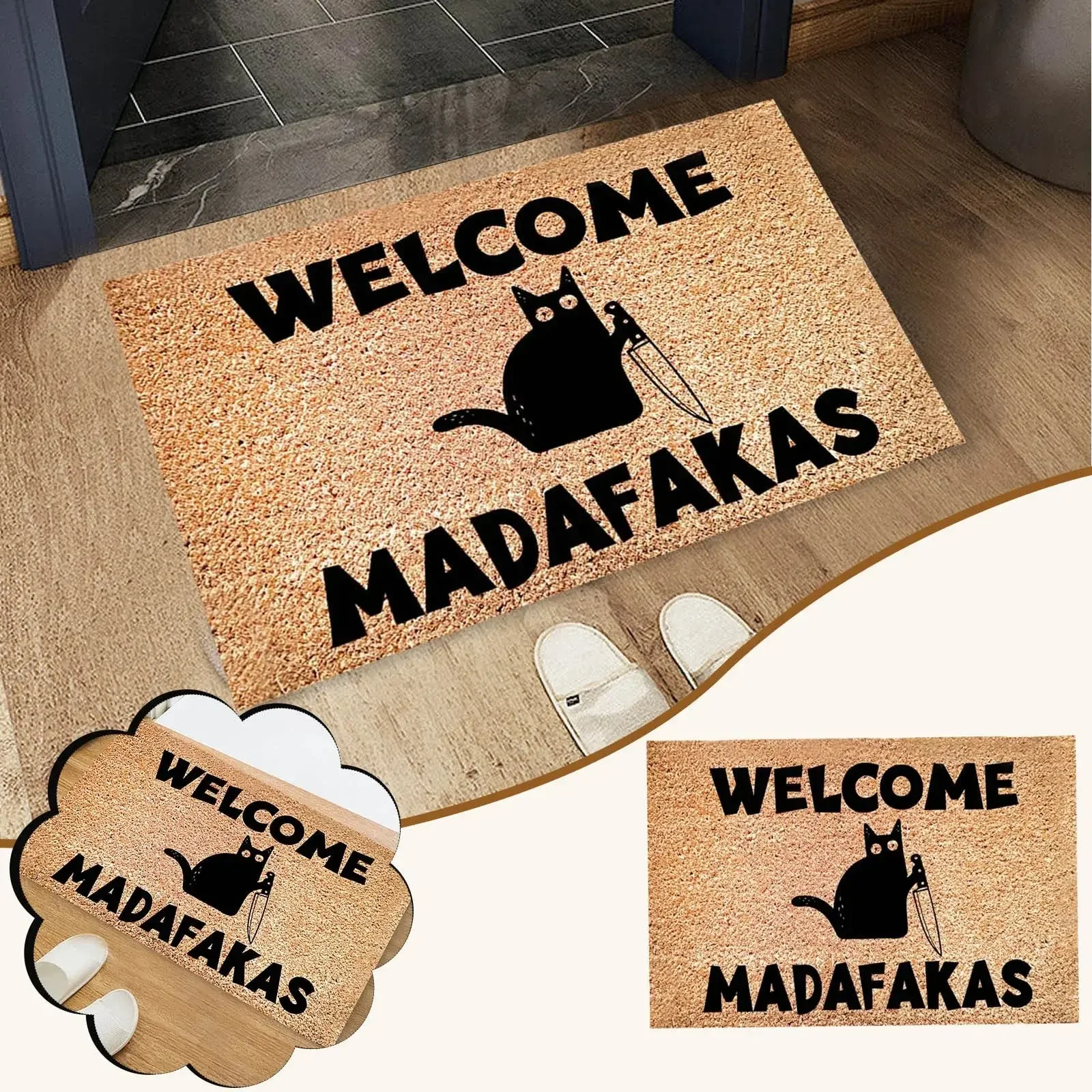 Dark Cat Bienvenido Madafakas Felpudo con estampado completo, felpudo divertido, decoración del hogar, cocina, baño, Regalos divertidos para la gente, envío rápido