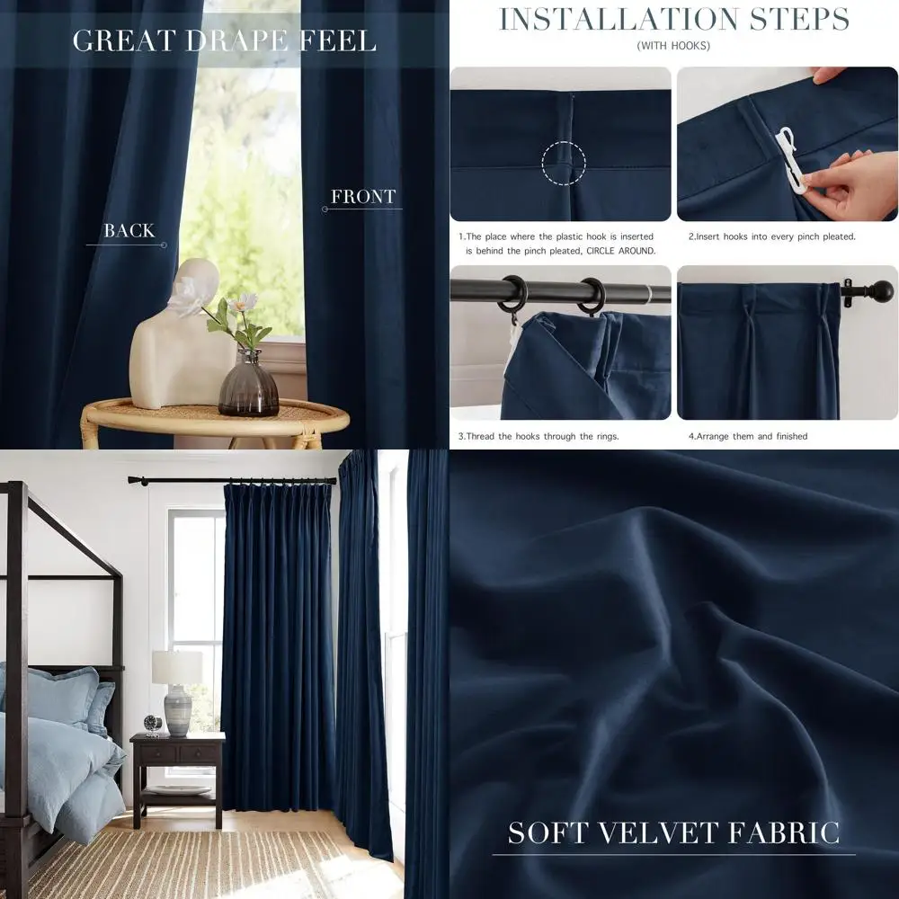 Navy Blue Velvet Pinch Pleat Room Divider Curtains, 66x84, Blackout & Thermal Insulated for Privacy in Living Room
