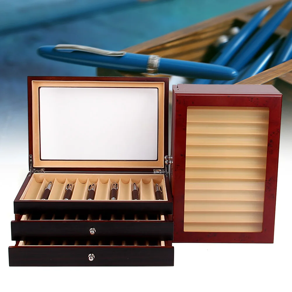 Wood Pen Display Box 34 Slot Pen Storage Organizer Box Luxury Fountain Pen Collector Case with Lid for Shop or Home Transparent