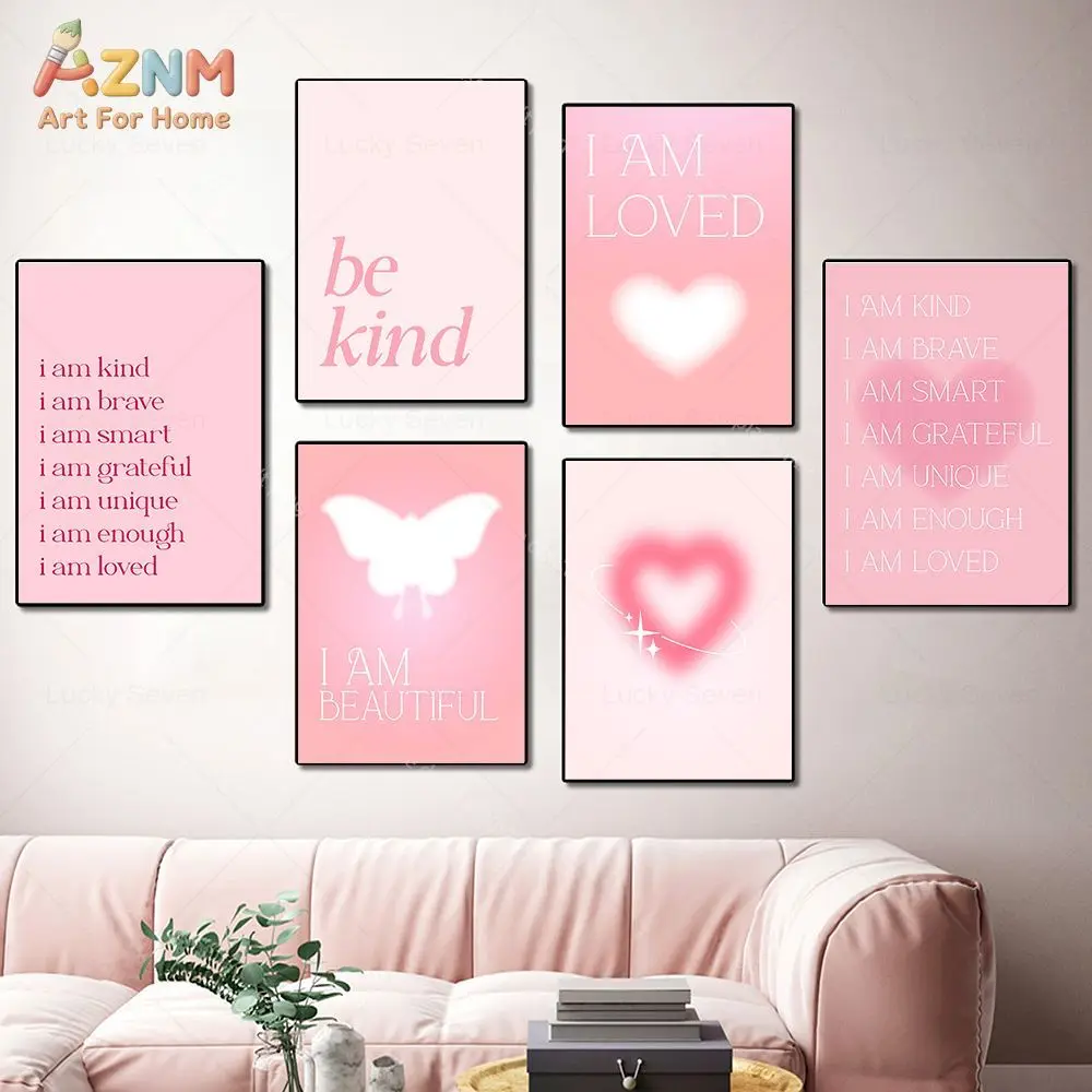 AZNM Impression sur toile dégradée rose avec affirmation positive, cœur, papillon, citation « Be Kind Self Love », esthétique féminine pour chambre à coucher D