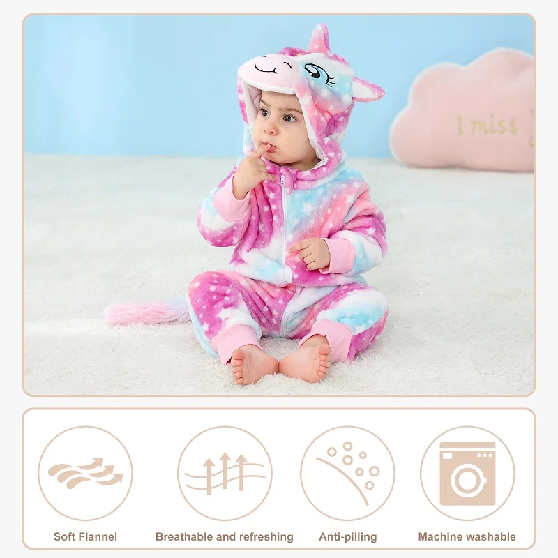 MICHLEY Halloween Baby Rompers Winter Clothes Costume Flannel Hooded Bodysuits Pajamas Animals Overall Jumpsuit For Kids Bebe