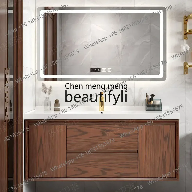 

simple red oak bathroom cabinet ceramic integrated basin solid wood bathroom smart mirror cabinet