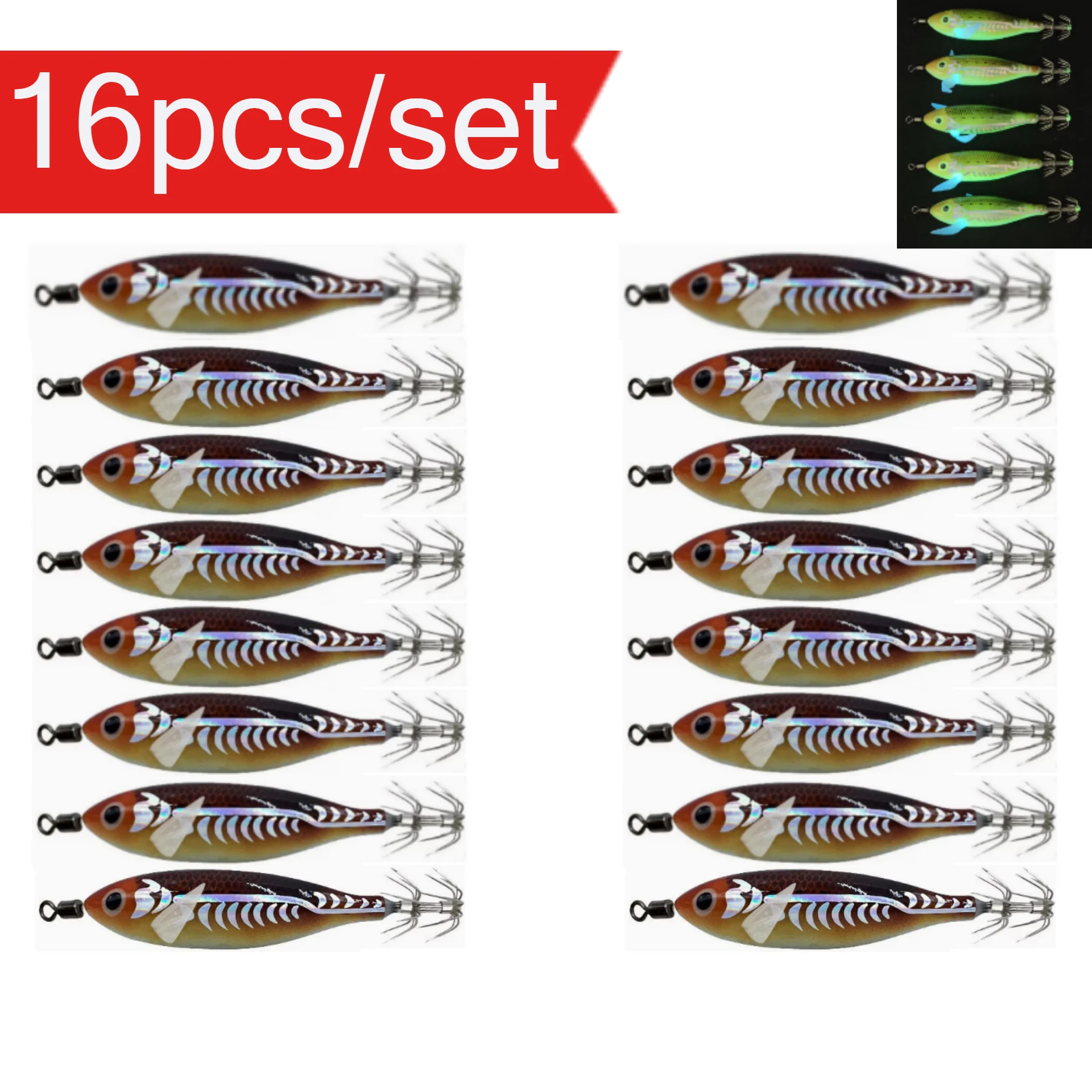 16 Stück/Set Leuchtender Tintenfisch-Jig 8cm/5,7g Garnelen-Angelköder mit Haken Meeresfischerei-Zubehör Künstlicher Köder Oktopus-Köder
