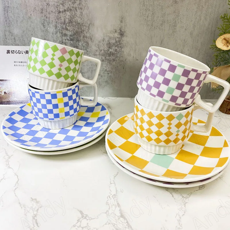 European Ceramic Mug Hand Painted Checkerboard Decorative Breakfast Milk Cups Office Desktop Coffee Cup Set Home Decoration