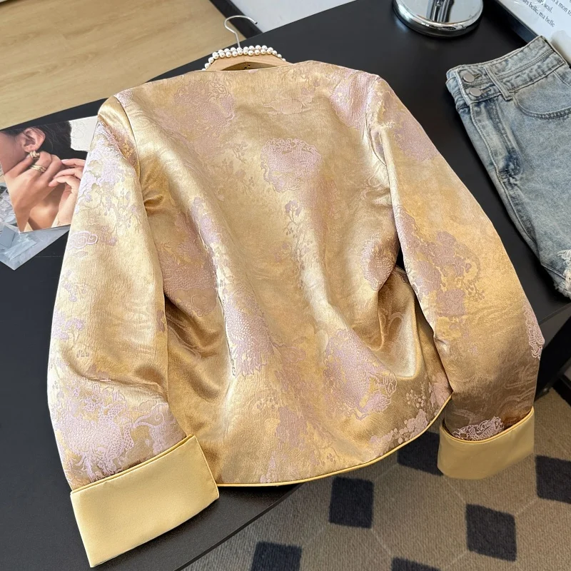 Retro Chinese Style Cotton Filled Embroidered round Neck Satin Long Sleeve Traditional Ethnic Outerwear Women's Fashion