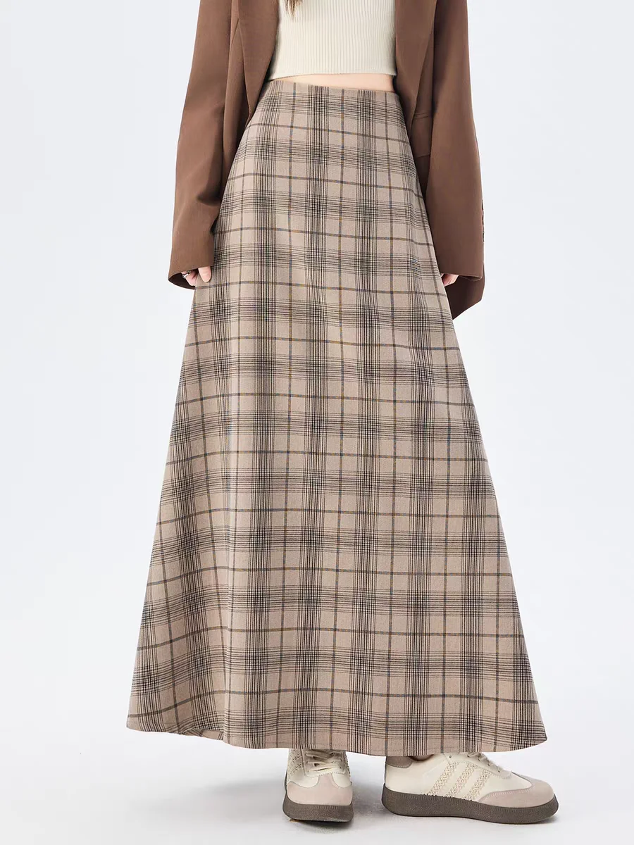 

Vintage Plaid A-Line Skirt for Women, Spring Summer High Waist Slimming Tartan Skirt with Draping Flowy Hem and Maxi Length
