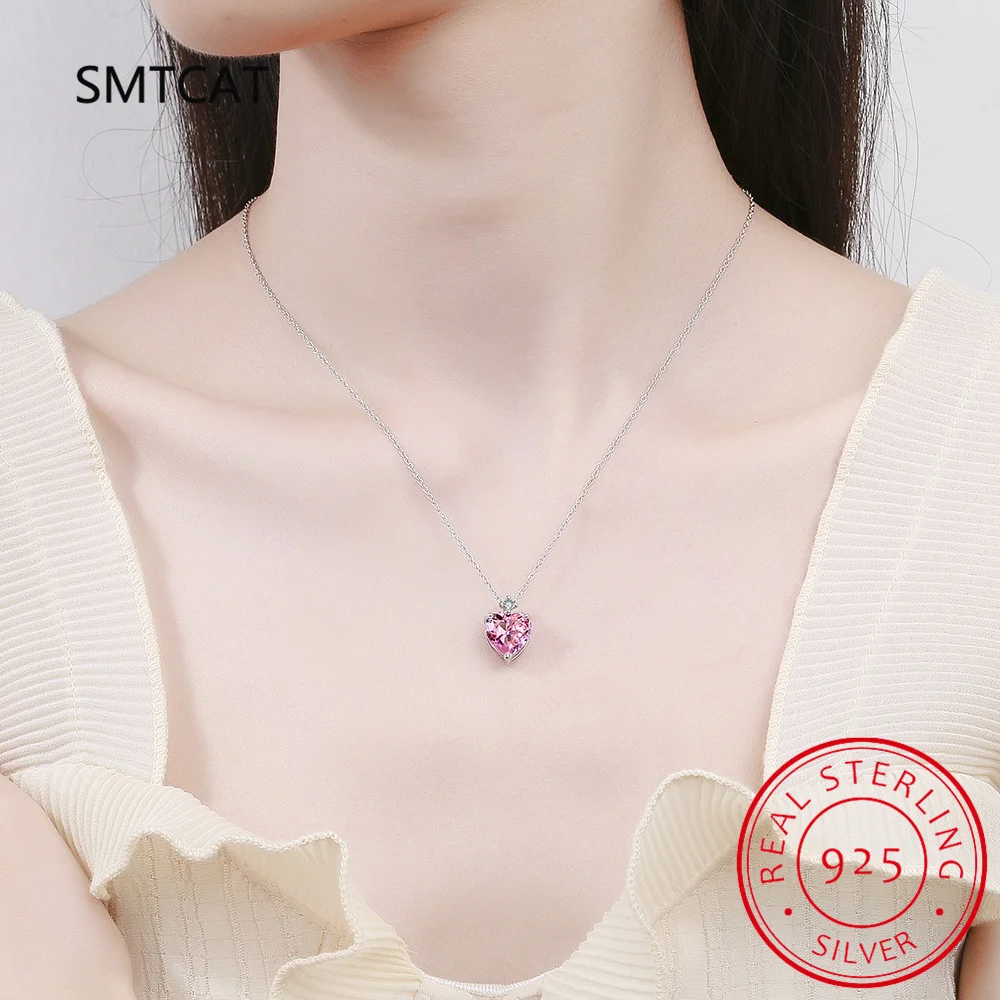 925 Sterling Silver 4 Carat D Color Heart Moissanite Pendant Necklace For Women Sparkling Pink Gemstone Party Fine Jewelry