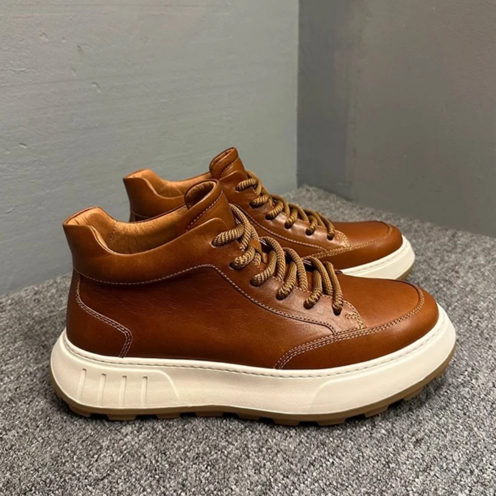 QHCCID Men's Handcrafted Leather Casual Shoes Men's Retro High-top Sneakers Platform Boots Round-toe Winter Boots