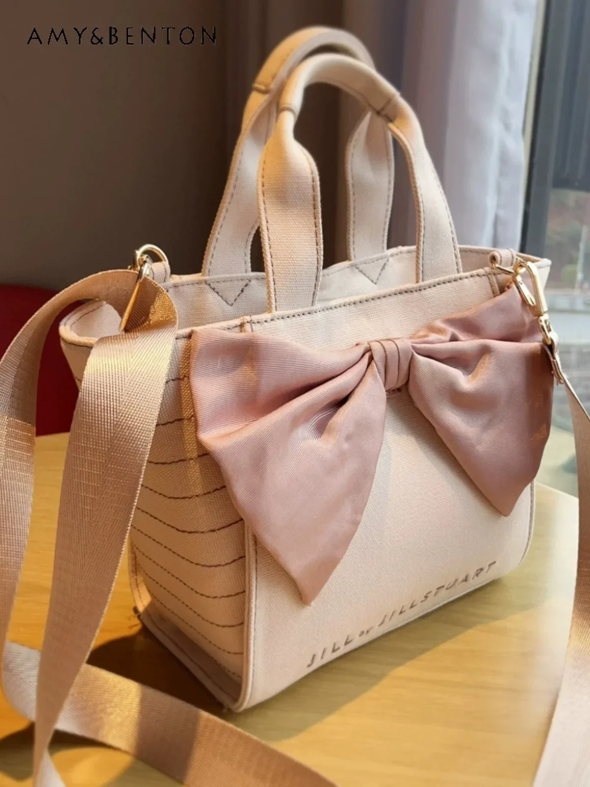 Japanese Jill Bow Decorative Handbag Women Girly Versatile Messenger Bag Sweet Cute Canvas Bag Graceful Trendy Handbag Students