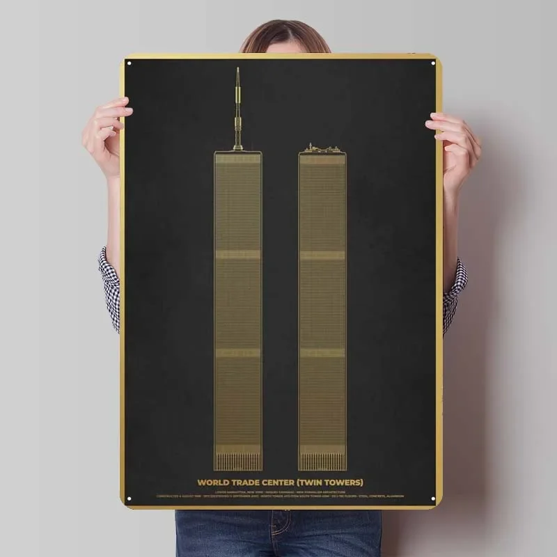 Gold WTC Twin Towers Blueprint Metal Poster Club America Retro Metal Tin Sign Plaque for Wall Art Decoration Coffee Bar Man Cave