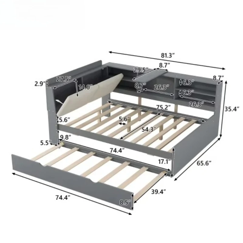 

Детская кровать L-образной формы двойного размера с книжным шкафом, розеткой и USB-портом для зарядки, двумя ящиками