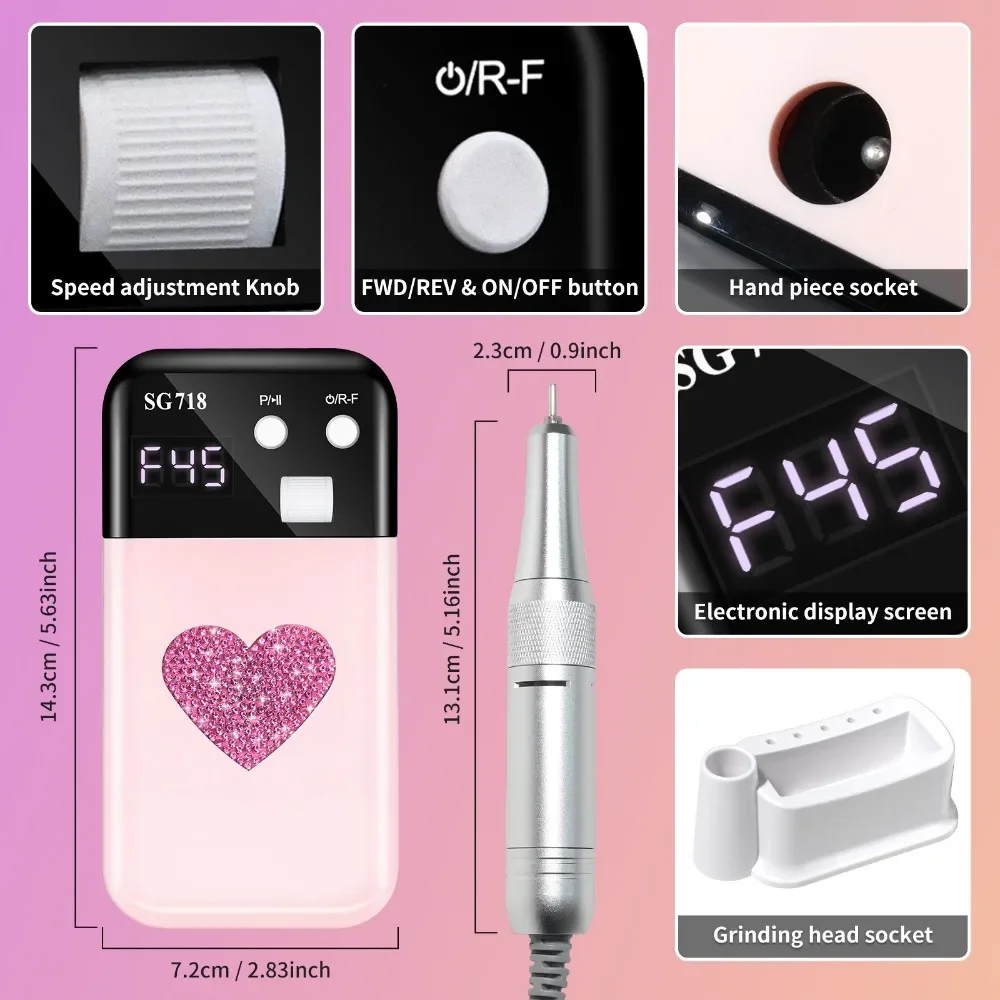 Perceuse à ongles électrique professionnelle 45000 tr/min, lime à ongles Rechargeable, ponceuse à ongles à faible bruit pour outil de Salon de polissage des ongles