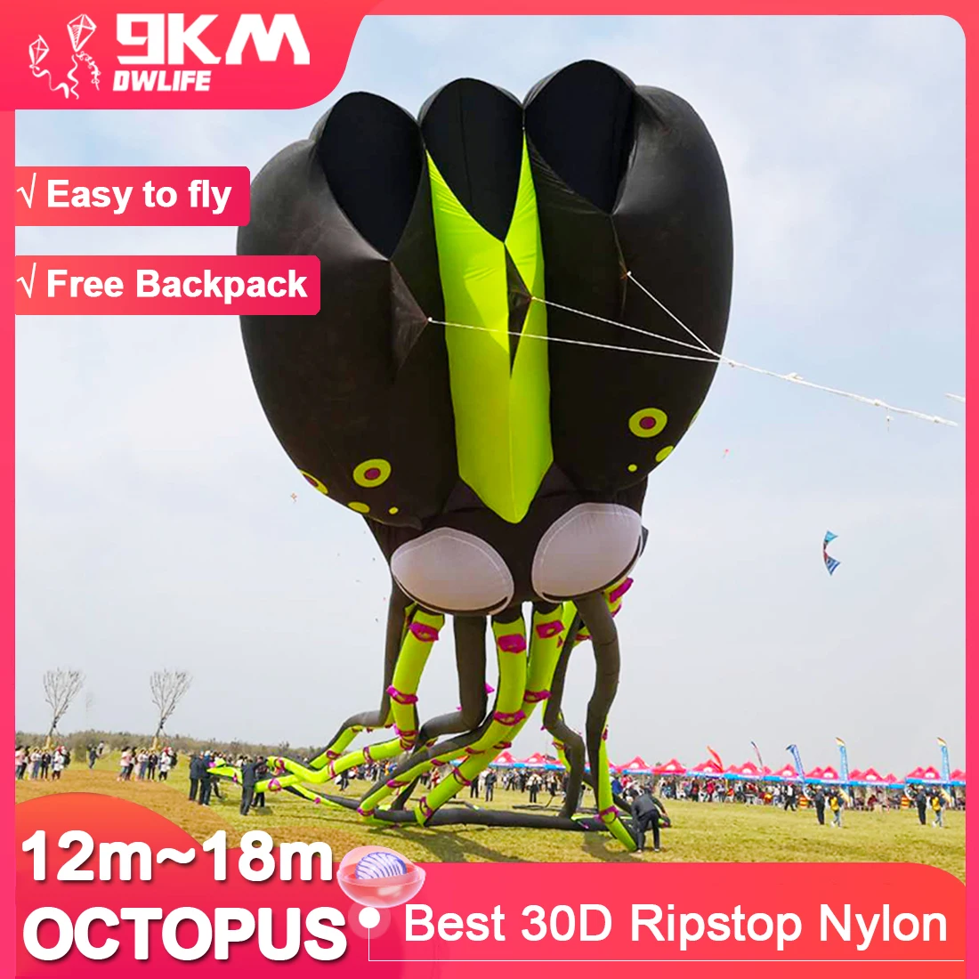 

9KM 12m Giant Octopus Kite 3D Huge Single Line Soft Inflatable Kite Festival Show Kite 30D Ripstop Nylon Fabric with Bag