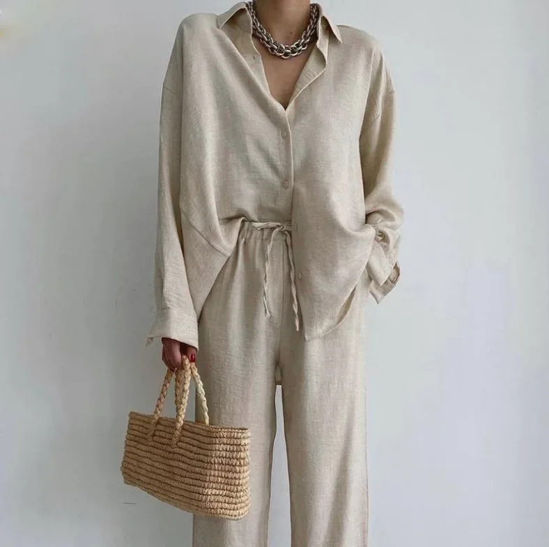 

Loungewear Women Summer 2 Piece Outfits Lapel Long Sleeve Shirt Top Wide Leg Long Pants Sleepwear Home Casual Tracksuit Sets
