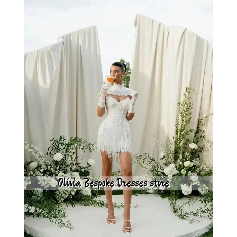 High Neck Cutout Lace Fringe Mini Wedding Dress With Detachable Lace Gloves Short Bridal Gown Customized