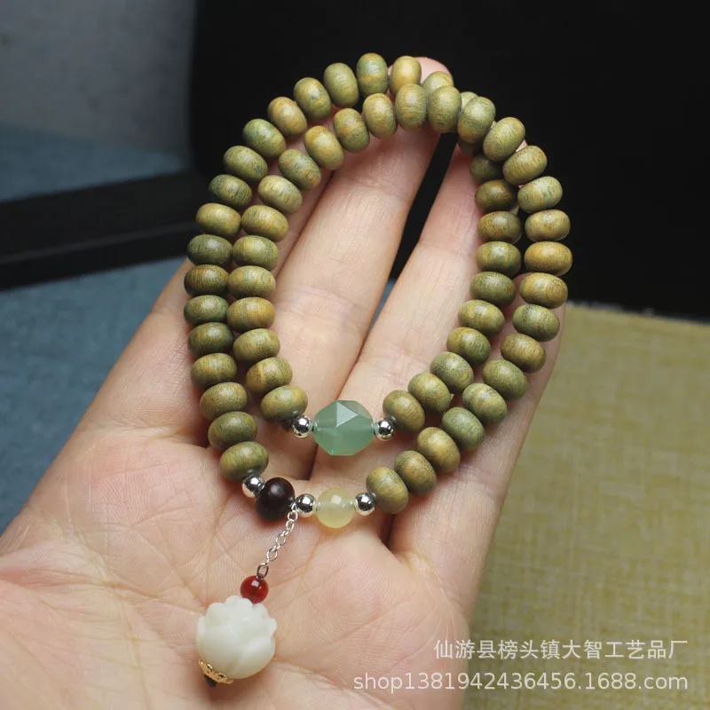 Green Sandalwood Abacus Beads Double Layer Bracelet with Carved Lotus Beads for Men Women 2026 Trendy Jewelry Gifts