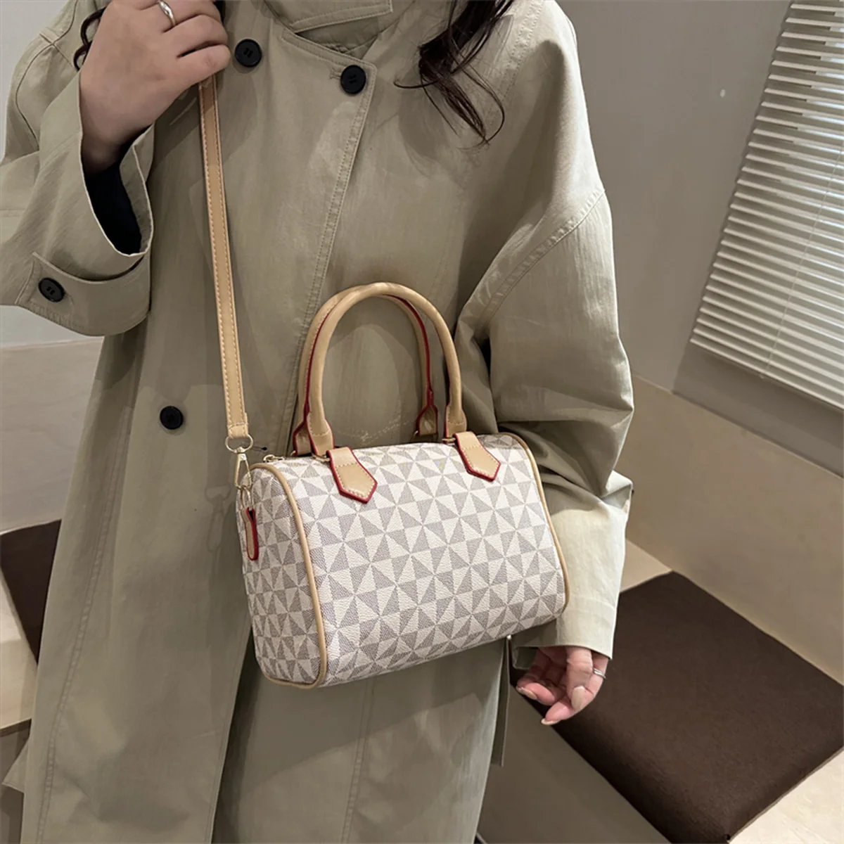 

Windmill Print PU Fashion Business Crossbody Bag Color Block Trim Large Capacity Zipper Adjustable Strap Handbag for Daily Use