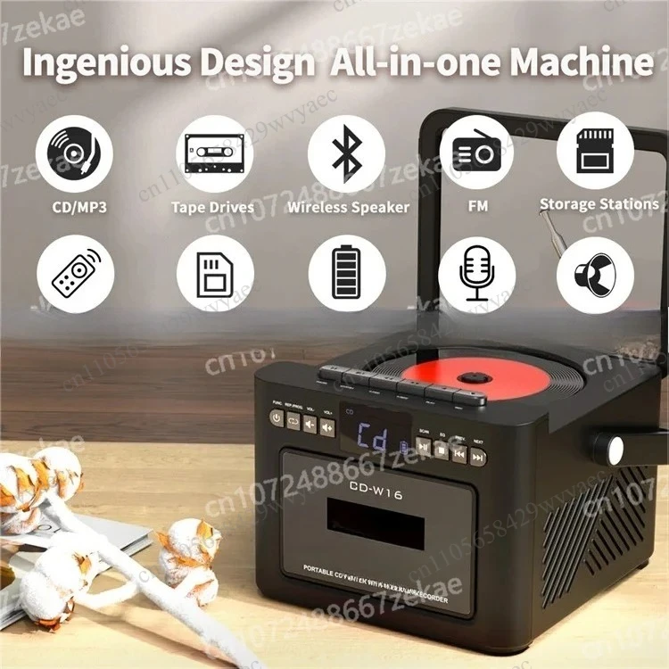 All-in-One Portable CD Player & Cassette Tape Combo Player, Built-in FM Stereo Radio, Multifunctional Home Audio System