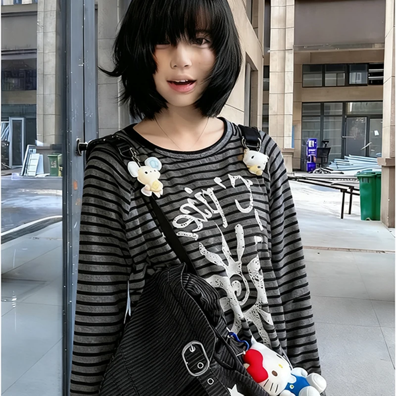 American Street Sun Print Striped  Women's Long Sleeve Shirt  Autumn Loose Casual Round Neck Fashion Oversize  Women's Top Y2k