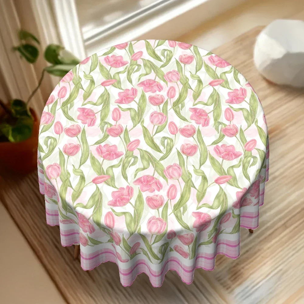 Pink Tulip Round Tablecloth - Floral Print with Green Leaves & Plaid Trim, Spring Summer Dining Decor for Kitchen Party Wedding