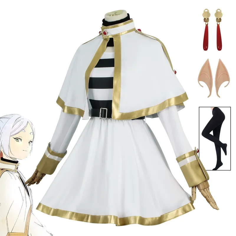 Frying Cosplay Costume Anime Friar Beyond Journey's End White Dress Uniform Ears Earrings Wig Halloween Party Women Cosplay