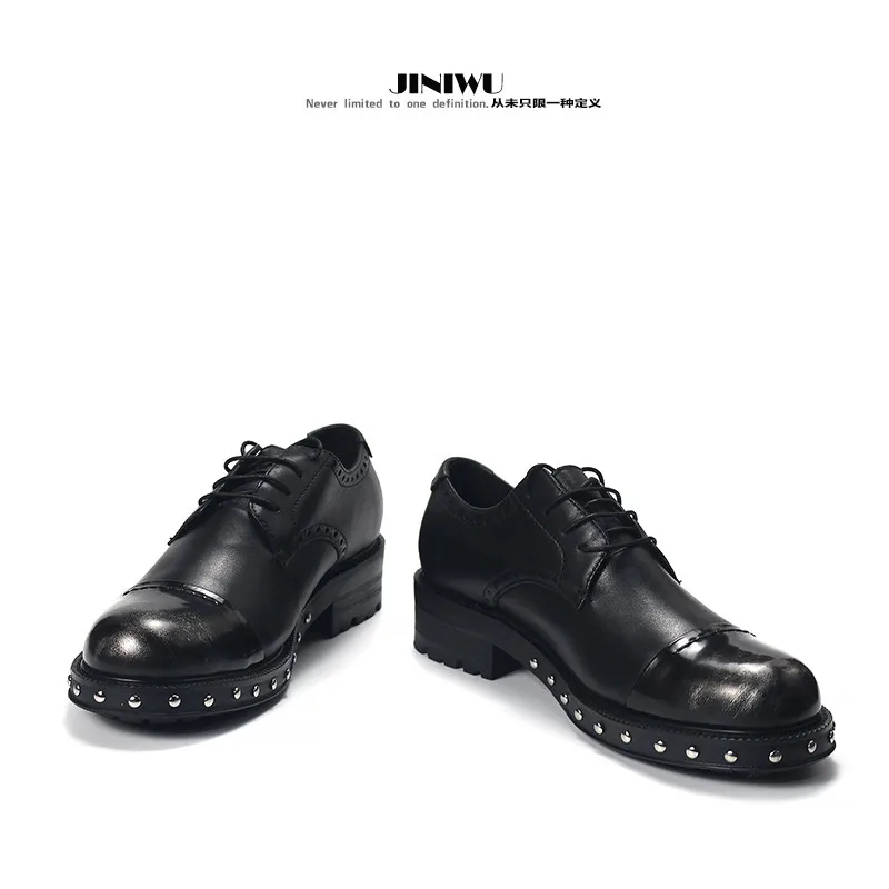 JINIWU 2026 AW Men Black Derby Shoes, Silver Burnished Toe Cow Leather Rivet Thick Sole Elevated Shoes