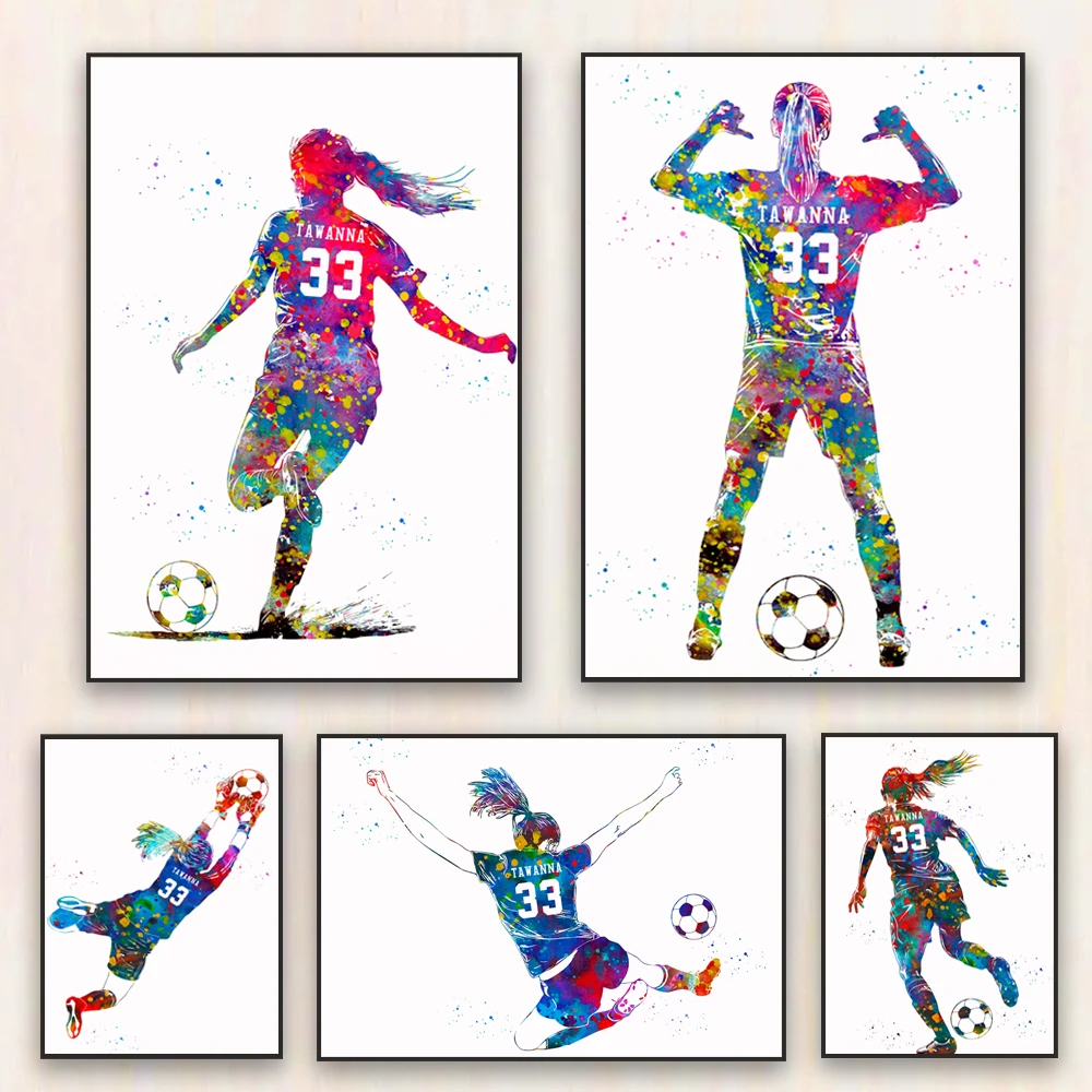 Personalized Art Poster Custom Name and Number Sports Watercolor Print Soccer Player Girl with Ball Canvas Painting Girl Gifts