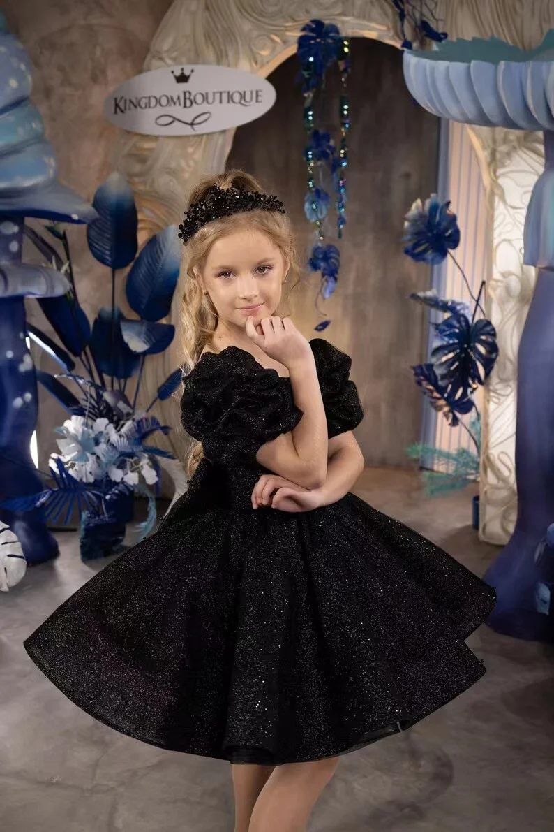 Vestido negro de flores brillantes para boda, lentejuelas de cuello redondo, mangas cortas hinchadas con lazo, vestido de baile de primera comunión de cumpleaños para niños