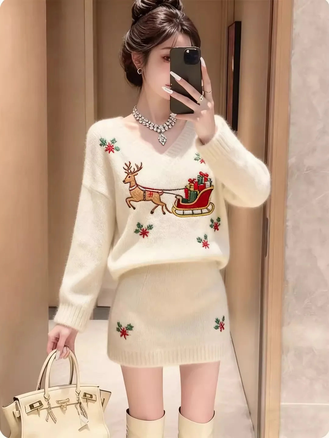 

Winter Knitted Sweater And ort Skirt Set plus Size Women's Faionable New Year's Outfit Casual Loose Fit Warmth Ensemble