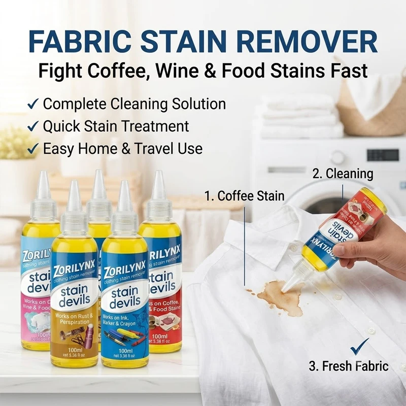 Clothing Stain Remover Liquid 4-Pack Laundry Spot Cleaner Set for Coffee Rust Ink Food and Perspiration Stains - ZORILYNX