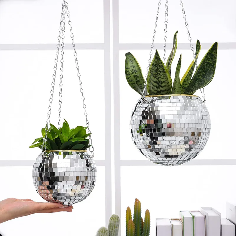 Disco-Spiegelkugel Hängender Blumentopf Sukkulenten-Pflanzgefäß für Innen- und Gartenbereich Wanddekoration Vase mit Holzring-Kette – Detail 1