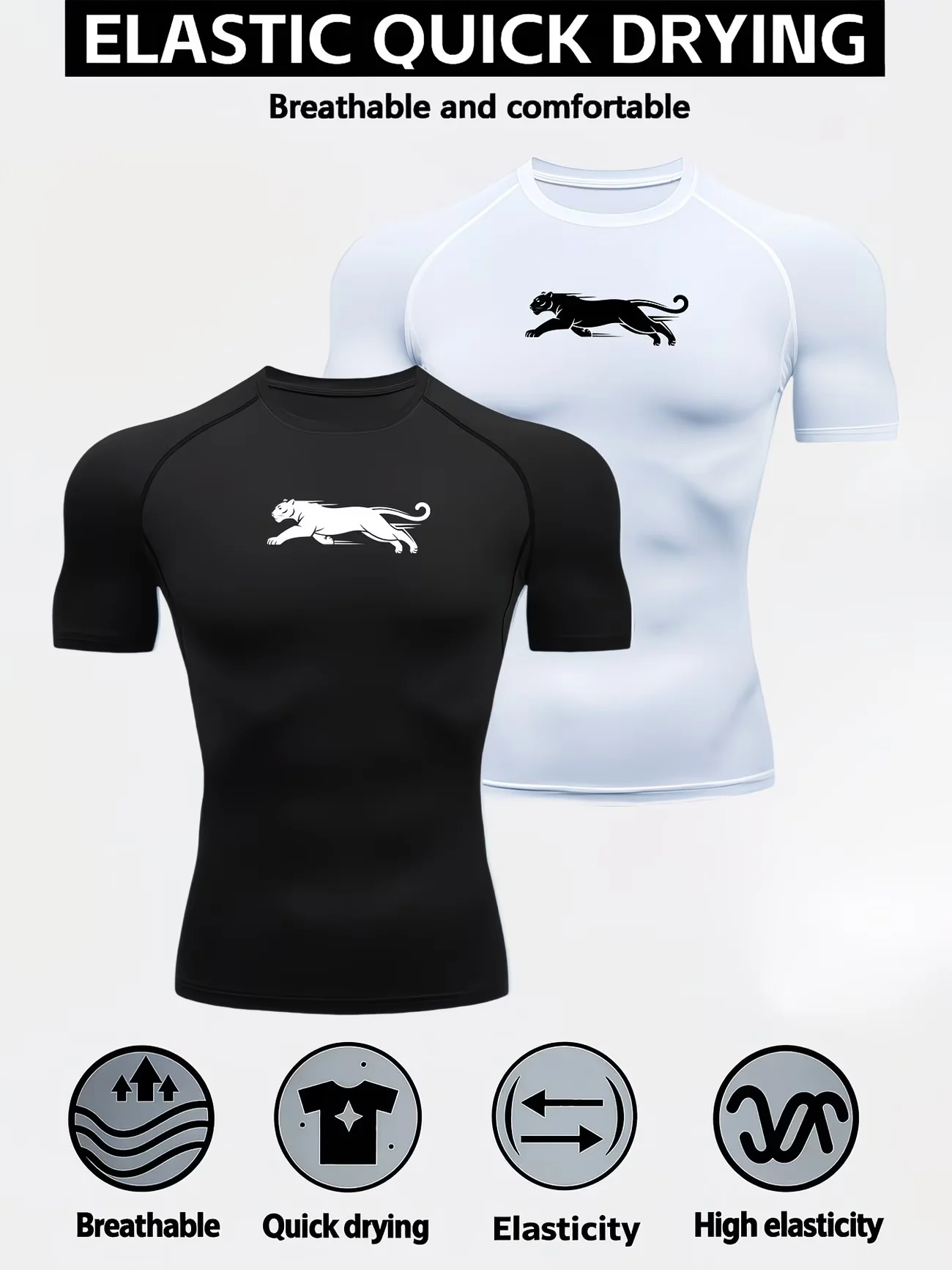 2pcs Men's High-Elasticity Quick-Dry Breathable Compression Fitness Shirts, Fast-Drying Workout Training Tops with Round Neck