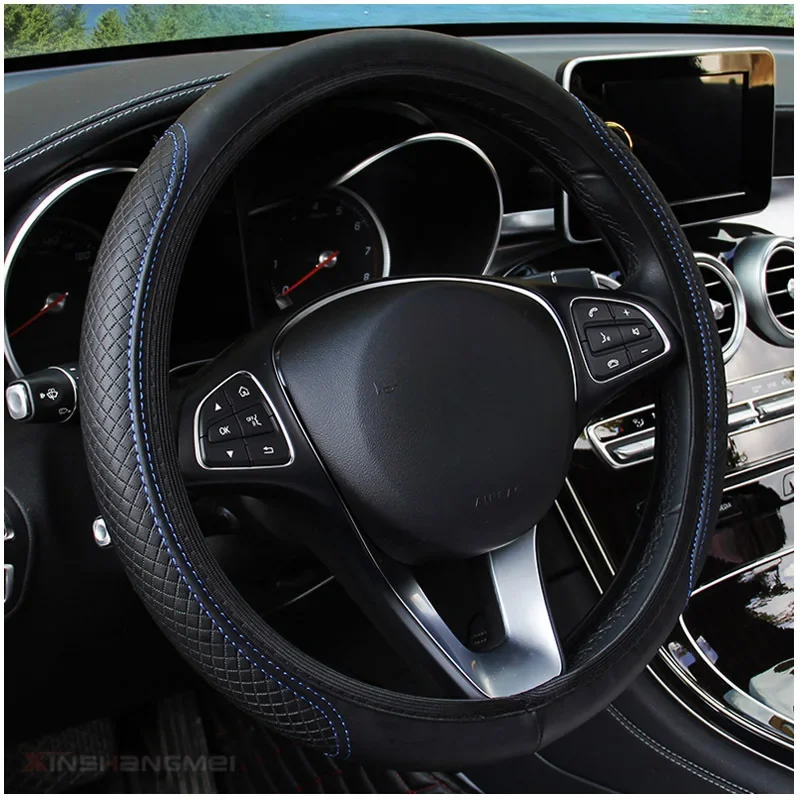 37-38cm Universal Steering Wheel Cover PU Embossing Leather Breathable Anti Slip Steering Braid Covers Auto Interior Accessories