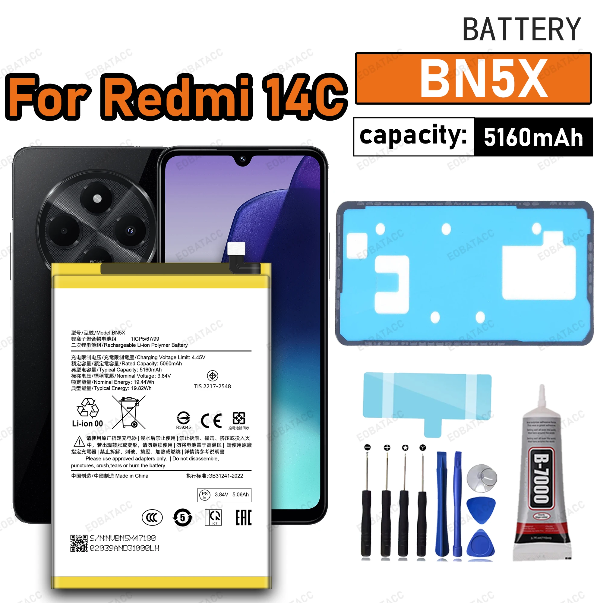 

100% New High Quanlity BN5X For Xiaomi Redmi 14C Battery Replacement Batteria+Tools