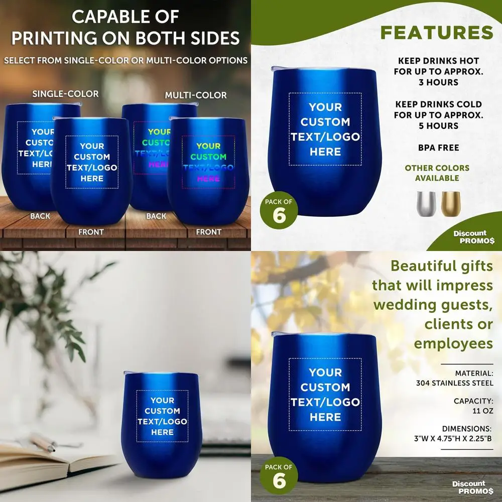 

Стаканы для вина без выноса на 11 унций с крышками, набор из 6 шт., персонализированная оптовая упаковка — идеально подходят для вина, коктейлей и напитков, синие